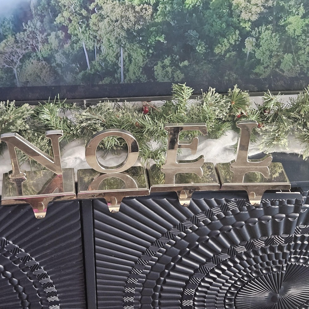 NOEL Christmas stocking holders silver‎ tone fireplace set of 4 mantel letters